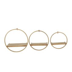 three gold metal hoop shelves with wooden shelves on each side, set against a white background