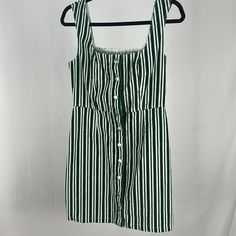 Brand New Urban Outfitters Green Stripped Button Up Tank Dress Green Button-up Mini Dress With Button Closure, Striped Cotton Button-up Dresses, Striped Mini Dress With Buttons, Striped Mini Dresses With Buttons, Striped Mini-length Dresses With Buttons, Striped Summer Dresses With Buttons, Striped Fitted Dress With Buttons, Fitted Striped Dresses With Buttons, Cotton Mini Dress With Button Closure For Vacation