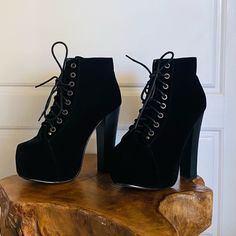 Size Us7! Have Never Been Worn But Have A Slight Scuff As Pictured Due To Being Inside Of My Closet, Really Not Even Noticeable Unless You Look Closely! Gothic Platform Ankle Heeled Boots, Black Gothic Ankle-high Lace-up Boots, Goth Heels, Black Gothic Ankle-high Heeled Boots, Gothic Ankle-high Leather Heeled Boots, Goth Heels & Wedges, Fancy Heels, Goth Shoes, Lace Up High Heels