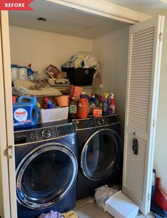 a washer and dryer in a small room with the door open to another room