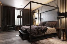 a bedroom with a canopy bed in the middle and two lamps on either side of the bed