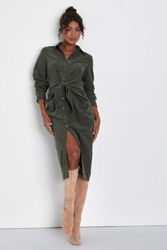 Green Suede Dress - Button-Up Midi Dress - Tie-Front Midi Dress - Lulus Olive Green Dress Outfit, Whbm Outfits, Green Outfits For Women, Olive Green Shirt Dress, Green Dress Outfit, Fall Fashion Dresses, Sage Green Dress, Casual Formal Dresses, Green Shirt Dress