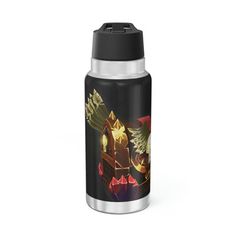 a black and red water bottle with an anime character on it