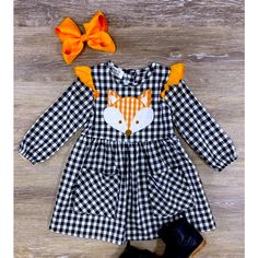 Black And White Gingham Dress With Orange Ruffled Shoulders And Orange And White Gingham Fox. Black School Dresses For Fall, Cute Black Dress For Fall, Cute Black School Dress, Black Fall Dresses For School, Black Dresses For School In Fall, Orange Gingham Dress, Plaid Kids Dress, Plaid Christmas Dress Toddler, Plaid Toddler Dress