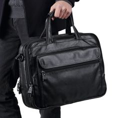 Main Material: Genuine Leather Decoration: Ruched Closure Type: Zipper Capacity: 15.6" Laptop Packable Black Briefcase With Zipper Pocket For Business, Black Functional Laptop Bag For Business Trips, Black Business Briefcase With Zipper Pocket, Functional Black Laptop Bag For Business Trips, Modern Black Laptop Bag For Business Trips, Functional Leather Laptop Bag For Business Trips, Black Laptop Bag With Zipper For Business Trips, Black Leather Laptop Bag With Large Capacity, Functional Black Leather Laptop Bag