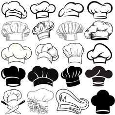 a bunch of different types of chef hats on a white background with black outlines