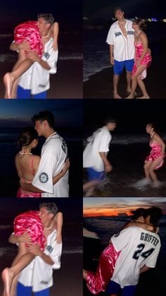 a man and woman hugging on the beach at night with their arms around each other