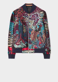 Paul Smith Men's 'Dreamer' Jacquard Bomber Jacket Luxury Urban Patchwork Outerwear, Cotton Graffiti Print Outerwear For Streetwear, Urban Multicolor Outerwear With Graphic Print, Multicolor Graphic Print Urban Outerwear, Luxury Garment-dyed Men's Outerwear