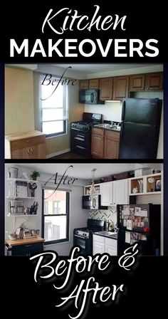 before and after pictures of kitchen makeovers in black and white with text overlay