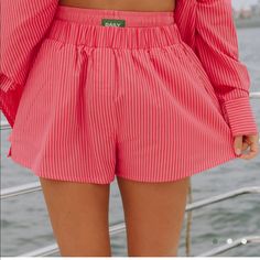 Pink Double Band Poplin Boxer Shorts Nwt. Sold Out Daily Drills, Poplin Shorts, Black Leather Shorts, White Skort, Crochet Shorts, Pink Bodycon Dresses, High Waisted Jean Shorts, Pink And White Stripes, Boxer Shorts