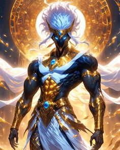 an illustration of a man with white hair and gold armor standing in front of a golden circle