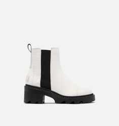 JOAN NOW™ Women's Chelsea Boot White Leather Waterproof Boots For Winter, White Leather Waterproof Boots With Round Toe, White Leather High-top Waterproof Boots, Modern Outdoor Boots With Textured Sole, Leather Platform Boots With Reinforced Heel For Outdoor, Outdoor Leather Platform Boots With Reinforced Heel, Outdoor White Leather Waterproof Boots, White Ankle-high Boots With Vibram Sole, Chelsea Boots Women