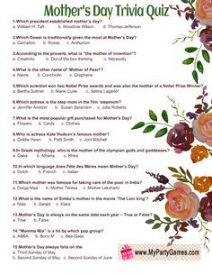 a mother's day trivia quiz with flowers on the side and question boxes below