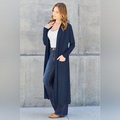 Open Front Long Sleeve Longline Cardigan Kimono * Colors: Navy Blue, Black, Mocha Brown * Features: Pocketed * Sheer: Opaque * Stretch: Slightly Stretchy * Material Composition: 95% Rayon, 5% Spandex * Care Instructions: Machine Wash Cold. Tumble Dry Low. * Imported * Product Measurements: S: Shoulder 33.9 In, Sleeve Length 12.9 In, Length 45.4 In, Hem Width 72.5 In M: Shoulder 35.1 In, Sleeve Length 12.9 In, Length 46.2 In, Hem Width 74.9 In L: Shoulder 36.3 In, Sleeve Length 12.9 In, Length 47 Navy Long Sleeve Cardigan For Layering, Navy Cardigan With Pockets For Fall, Fall Navy Cardigan With Pockets, Elegant Navy Cardigan For Fall, Cardigan Kimono, Mocha Color, Longline Cardigan, Mocha Brown, Sleeve Cardigan