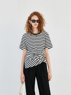 Striped Drawstring Detail Short Sleeves T-shirt Striped Tshirt Outfits Summer, Striped Tshirt Outfits, Tshirt Outfit Summer, Stripes Tshirt, Drawstring Detail, Low Low, Tshirt Outfits, Color Stripes, Striped Tee