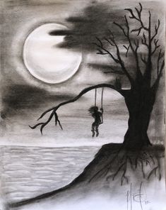 a black and white drawing of a person swinging on a tree with the moon in the background