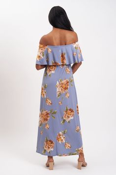 This sweet floral print with an off-the-shoulder ruffle is a comfortable and stylish maxi maternity dress. The dusty blue hue is perfect for any season, making this maternity dress an easy choice for all nine months of your pregnancy. This is a great maternity dress for your baby shower, gender reveal party, or a night out. Off-the-shoulder ruffle For Hot Mommy during pregnancy and beyond Fabric: 95% polyester, 5% spandex Packaged and shipped by our all-female owned and operated business. For si Maxi Maternity Dress, Hot Mommy, Maternity Maxi Dress, Maternity Maxi, Pregnancy Maxi Dress, Nine Months, Reveal Party, Sweet Floral, Baby Shower Gender Reveal