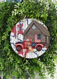 4th of July Dog and TruckThese door hangers are the perfect way to dress up your door and welcome your guest with a touch of seasonal flair.This 4th of July door hanger is designed with a red truck and a dog ready to celebrate the holiday. We offer these door hangers in two different sizes. The smaller size is perfect if you are looking to add this to a wreath for your door. The medium is good for a small door or even an indoor wall hanging. Each door hanger is made from high quality hardboard a 4th Of July Door Hanger, Truck Door Hanger, Small Door, Entryway Wall Decor, Entryway Wall, Small Doors, Large Wreath, Round Door, Storm Door