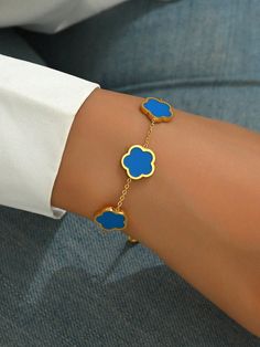 1pc 18K Gold Plated Stainless Steel Pentagonal Flower Bracelet For Women Blue    Stainless Steel     Women Fashion Jewelry, size features are:Bust: ,Length: ,Sleeve Length: Lingerie Accessories, Watches Women Fashion, Flower Bracelet, Bracelet For Women, Kids Beachwear, Womens Bracelets, Chain Bracelet, Women Lingerie, Earring Set