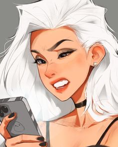 a woman with white hair holding a nintendo wii game controller and looking at her phone