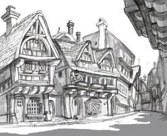 a black and white drawing of an old fashioned house in the middle of a street