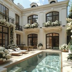 an outdoor swimming pool in front of a large white building with lots of windows and doors