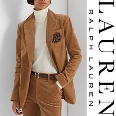 This Soft Corduroy Blazer Embodies Luxurious Lauren Style With A Signature Bullion Patch At The Chest And Horn-Effect Buttons. - Straight Fit - Notch Lapels - Single-Button Closure - Signature Horn-Effect Buttons - Long Sleeves With Four-Button Cuffs - Left Chest Patch Pocket - Bullion "Lrl" Patch Embroidered At The Chest Pocket - Two Front Waist Flapped Pockets - Front And Back Princess Seams - Vented Back Hem - Fully Lined - Shell: 98% Cotton, 2% Elastane. Lining: 94% Polyester, 6% Elastane Si Luxury Embroidered Notch Lapel Suits, Classic Fitted Luxury Suit, Luxury Fitted Suits With Buttons, Luxury Button-up Suits, Luxury Fitted Notch Lapel Suits, Luxury Classic Fitted Suits, Ralph Lauren Style, Corduroy Blazer, Ralph Lauren Women