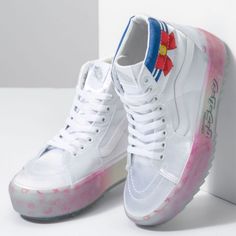 Vans X Sailor Moon Sk8-Hi Stacked Platform Shoe Sneaker Women's Size 5.5 Men's Size 4.0 White Vans High-top Sneakers With Contrast Sole, White Vans High-top Sneakers, Vans White High-top Sneakers, White High-top Sneakers With Studded Outsoles, Spring High-top Sneakers With Translucent Outsole, White High-top Sneakers With Abzorb Midsole For Spring, Vans Lace-up High-top Sneakers For Spring, Sailor Moon Shoes, Velvet Vans