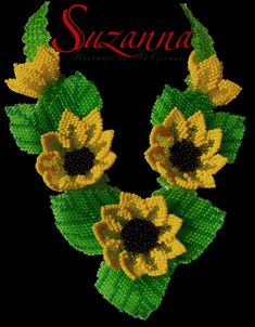 two yellow flowers with green leaves on black background and the words suzanna written in red