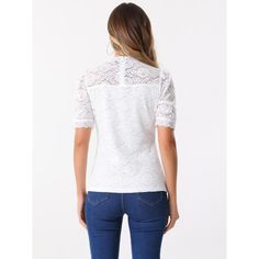 This Allegra K blouse features a sophisticated floral lace design, adding a touch of femininity. The mock neck and puff sleeves provide a modern and polished look, perfect for special events or formal gatherings. Crafted from 92% nylon and 8% spandex, it offers comfort and ease of movement. The blouse is versatile, and suitable for occasions like cocktail parties, weddings, or office wear. Pair it with jeans or shorts for a casual yet elegant appearance. Feminine Fitted Lace Top For Workwear, Formal Tops With Lace Patchwork, Fitted Short Sleeve Lace Top For Work, Fitted Lace Patchwork Top For Work, Lace Sleeve Tops For Work, Elegant Spring Lace Top With Contrast Lace, Elegant Spring Tops With Contrast Lace, Formal Lace Top With Lace Collar, Elegant Tops With Contrast Lace For Spring