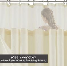 a woman standing behind a curtain with the words mesh window allows light in while providing privacy