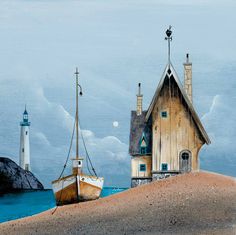 a painting of two boats in front of a house on the beach with a lighthouse