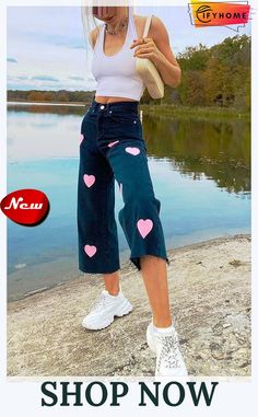 Butterfly Embroidery Wide Leg Jeans Spring Heart Print Cotton Jeans, Trendy Heart Print Jeans For Spring, Cotton Bottoms With Heart Print, Trendy Heart Print Bottoms For Spring, Mermaid Stuff, Butterfly Embroidery, Pleated Maxi Skirt, Simple Tees, Capri Jeans