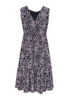 Go cute and classic with this adorable J.Crew frock! Made with a cherry blossom-inspired floral print in a flowing babydoll silhouette, this light and airy beauty will have you flouncing in florals all spring long! Whether you're headed to a backyard soiree or Easter brunch, style this with wedges and a pastel bag and you'll be styling and profiling! Size PM 100% Polyester Concealed back zipper Lined Babydoll silhouette Scoop neckline Sleeveless Floral print design Tiered skirt Bust 34" Waist 30 Black Floral Print Sleeveless Sundress, Black Floral Print Sundress Sleeveless, Cute Sleeveless Cherry Print Dress, Pink Cherry Print Dress For Spring, Black Floral Print Sleeveless Dress For Spring, Spring Pink Cherry Print Dress, Black Sleeveless Dress With Ditsy Floral Print, Cute Black Floral Print Dress, Cute Black Dresses With Floral Print