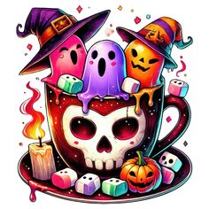 a coffee cup filled with halloween decorations and skulls on top of it, surrounded by candles