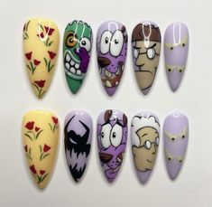 90s Cartoon Nail Art, Courage The Cowardly Dog Nail Art, Courage Nails, Family Guy Nails, Regular Show Nails, Courage The Cowardly Dog Nails, Nail Art Character, 90s Cartoon Nails, Scooby Doo Nails