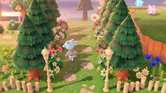 an animal crossing a path in the middle of some trees and flowers on a sunny day