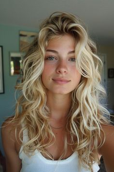 Woman With Long Blonde Hair, Long Wavy Hair Blonde, Beach Waves Blonde Hair, Dirty Blonde Hair With Highlights Curly, Big Hair Aesthetic, Woman With Curly Blonde Hair, Wavy Hairstyles For Short Hair, Senior Portrait Hair, Natural Bridesmaid Hair