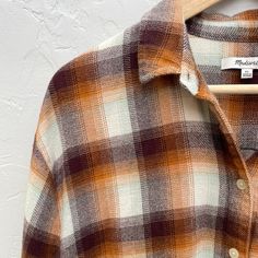 This Like-New Shirt Is Made Of Soft, Cozy, Flannel. No Rips, Stains, Smells. All-Over Check Print / Spread Collar / Button Placket / Chest Pocket Oversized Fit With A Shirttail Hem. Side Buttons Add A Nice Detail. Fabric: 100% Cotton Fall Orange Collared Shirt, Orange Collared Top For Fall, Casual Orange Flannel Shirt For Fall, Orange Collared Blouse For Fall, Orange Button-up Blouse For Fall, Madewell Top, Plaid Flannel Shirt, Plaid Flannel, Flannel Shirt