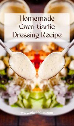 homemade cava garlic dressing recipe on a white plate with a spoon in the middle