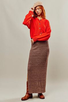 Our top-rated Golden Hour Midi, reimagined as a timeless maxi skirt! Featured in the perfect knit fabrication for a cozy, wear-with-everything feel. **Fit:** Mid-rise, relaxed column silhouette **Features:** Pull-on design, sweater knit fabrication, slit hem feature **Why We ❤ It:** Effortless from season to season, pair this with toughened up moto boots or sporty sneakers for endless ways to wear. | Golden Hour Maxi Skirt by Free People in Brown, Size: L Cozy Wear, Long Skirt Outfits, Sporty Sneakers, Knit Midi Skirt, Bottom Clothes, Moto Boots, Sweater Knit, Knitting Inspiration, Small Waist