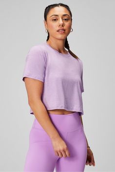 Dry-Flex Cropped Short-Sleeve Tee Fabletics purple female Activewear >> Womens >> Tops >> Short Sleeve T-Shirts >> Cropped regular Everyday/Training/Yoga and Studio Moisture-Wicking Made from recycled fabric! Purple Sporty Workout T-shirt, Sporty Purple Workout T-shirt, Purple Crew Neck T-shirt For Workout, Purple Go-dry Athleisure Top, Purple Short Sleeve Activewear For Workout, Cotton Short Sleeve Top For Light Exercise, Sporty Stretch Purple T-shirt, Sporty Heather Tops For Sports, Purple Sporty Top For Summer