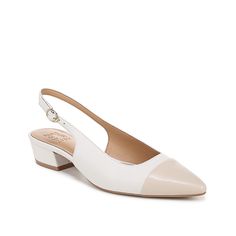 White Pointed Toe Slingback Pumps For Work, White Almond Toe Slingback Pumps, White Slingback Pumps With 4-inch Heel For Work, White Closed Toe Slingback Pumps For Work, White Block Heel Slingback Pumps For Work, White Low Heel Slingback Pumps For Office, White Closed Toe Slingback Pumps For Office, White Slingback Pumps With 4-inch Heel For Office, White Almond Toe Slingback Pumps For Spring