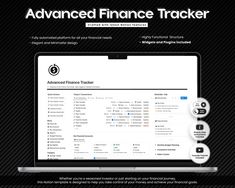 the advanced finance tracker is displayed on a laptop screen, with other information about how to use it