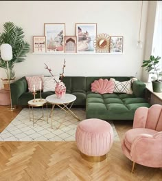 a living room filled with pink and green furniture