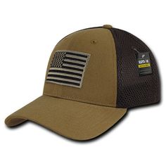 Descriptions Our Embroidered Air Mesh Flex Cap, is a classic 6 panels structured mesh cap with flexibility on the rear panels offering ventilation and comfort, The front of cap features the embroidered American Flag prominently displayed. This cap is made of 50% cotton, 50% polyester with pre-curved bill, 8 rows stitching across the bill, this stylish flex cap will be on your list of favorite caps to wear. Low Crown Flex Cap 50% Cotton/50% Polyester Air Mesh Rear Panels 6 Panel Structured One si Military Hat With Flat Bill For Outdoor Activities, Military Style Baseball Cap With Logo Patch, Military Flat Bill Hat For Outdoor Activities, Brown Military Trucker Hat, Military Style Hat For Streetwear, Brown Military Style Trucker Hat, Military Style Brown Baseball Cap With Flat Bill, Military Style Trucker Hat, One Size Fits Most, Military Style Trucker Hat One Size Fits Most