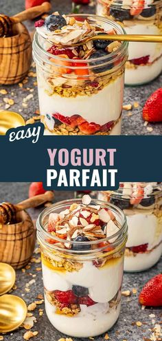 yogurt parfait in a jar with strawberries and nuts