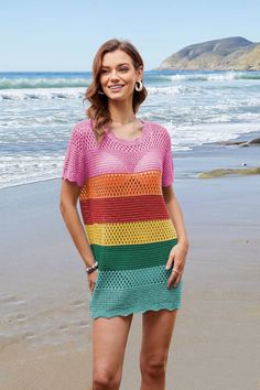 Be playful and stylish with our Christa Knit Crochet Striped Mini Dress! This unique dress features a knit crochet design and eye-catching multi colored stripes. Perfect for any occasion, this dress will keep you looking effortlessly cool and chic. Grab one today and make a statement! Size Guide: Model is 5’2” tall, and has a 33.2” bust, 24.5”waist, & 36.7” hips. She is wearing a S / US 4 / AU 8. This dress is true to size. Feature: Scallop Neckline. Short sleeves. Crochet stripe knit fabrication. Mini Length. Relax Fit. Scallop hem. Not Lined. Material: 100% Viscose. Care Instructions: Machine wash / Cold hand wash. Multicolor Crochet V-neck Dress, Green Crochet Knit Dress For The Beach, Multicolor Crochet Dress For Spring Beach Cover-up, Green Knit Crochet Dress For The Beach, Casual Multicolor Crochet V-neck Top, Striped Color Block Dresses For The Beach, Casual Crochet Pointelle Knit Dress For Vacation, Multicolor Crochet V-neck Dress For Spring, Multicolor Crochet Dress For Beach Cover-up In Spring