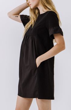 Airy sleeves, contrast paneling and hidden pockets bring extra effortlessness to a cheery pull-on dress. 35" length Crewneck Short sleeves On-seam pockets Lined 82% cotton, 18% polyester with 100% cotton contrast Hand wash, line dry Imported Savvy Top Brands, Cold Shoulder Dress, Short Sleeves, Nordstrom, Crew Neck, Bring It On, Mini Dress, Luxury Fashion, Black