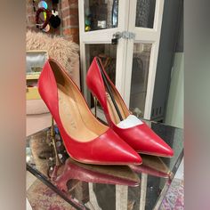 Brand New In Box Height:12cm Red Fitted Heels With Almond Toe, Chic Red Closed Toe Heels, Chic Red Leather Heels, Classic Red High Heels, Red Heels With 4-inch Heel For Work, Chic Red Heels With 4-inch Heel, Red Ankle-high Heels, Red 4-inch Heel Fitted Heels, Red Ankle-high Heels With Heel Strap